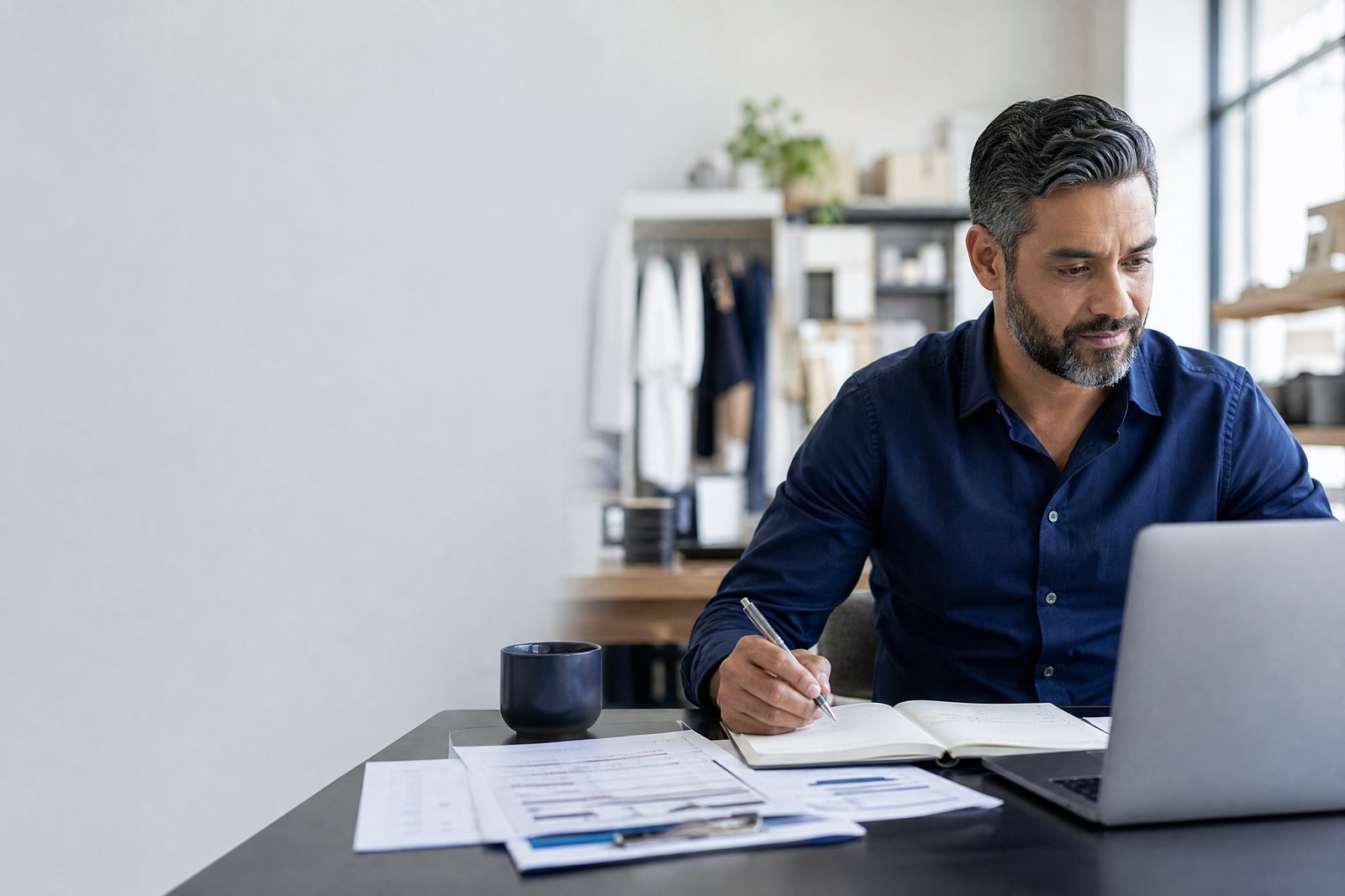 Business owner reviewing working capital on a laptop