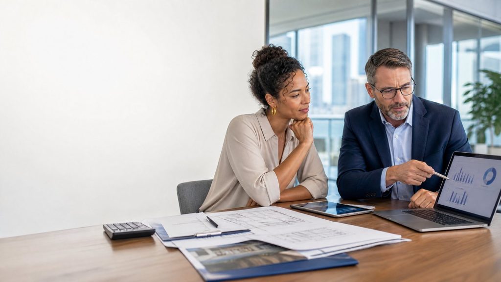 Business owner comparing a term loan and line of credit with a funding advisor